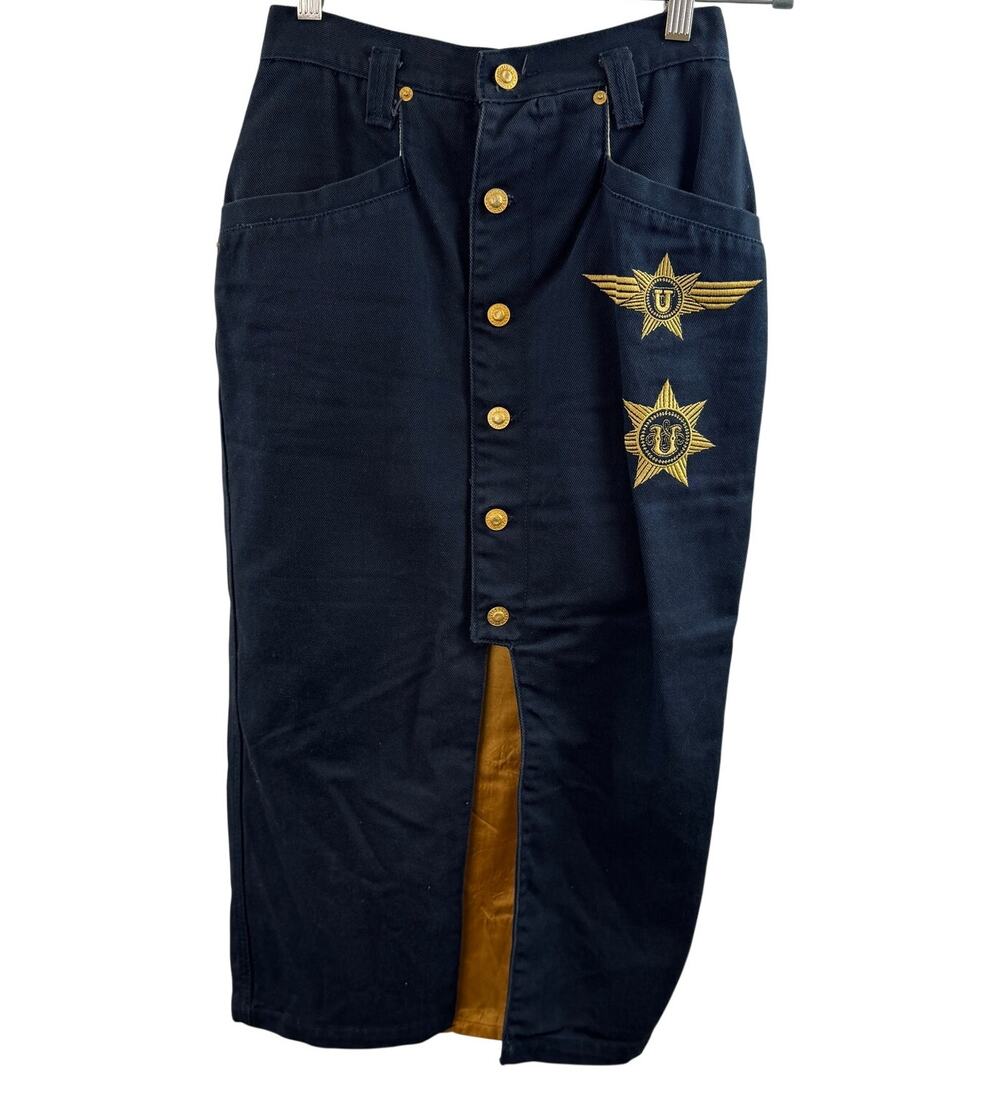 VINTAGE Get Used By Elie Navy Midi Skirt Denim Gold Embroidered Patches Size 8